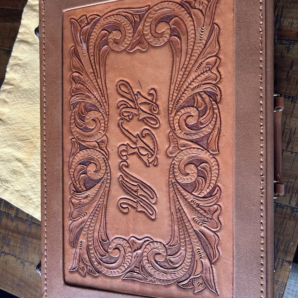 Antique Leather hand tooled briefcase w floral / western design w keys  12x17x4.